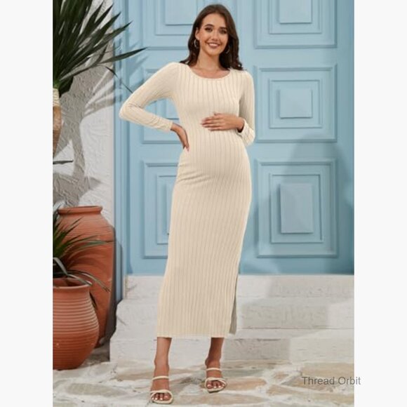 Maternity Maxi Dress Ribbed Knit Long Sleeve Bodycon Pregnancy Outfit - Picture 2 of 6